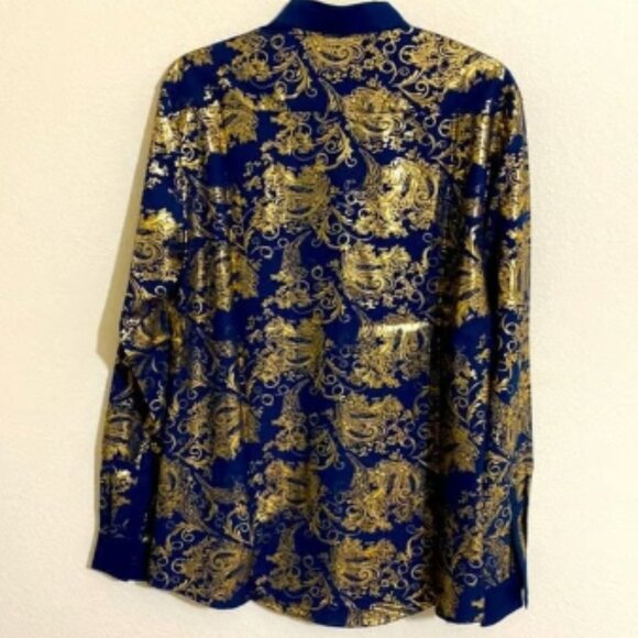JOGAL Men's Mandarin Button Down Dress Shirt w Metallic Gold Graphics Size M - Picture 2 of 7